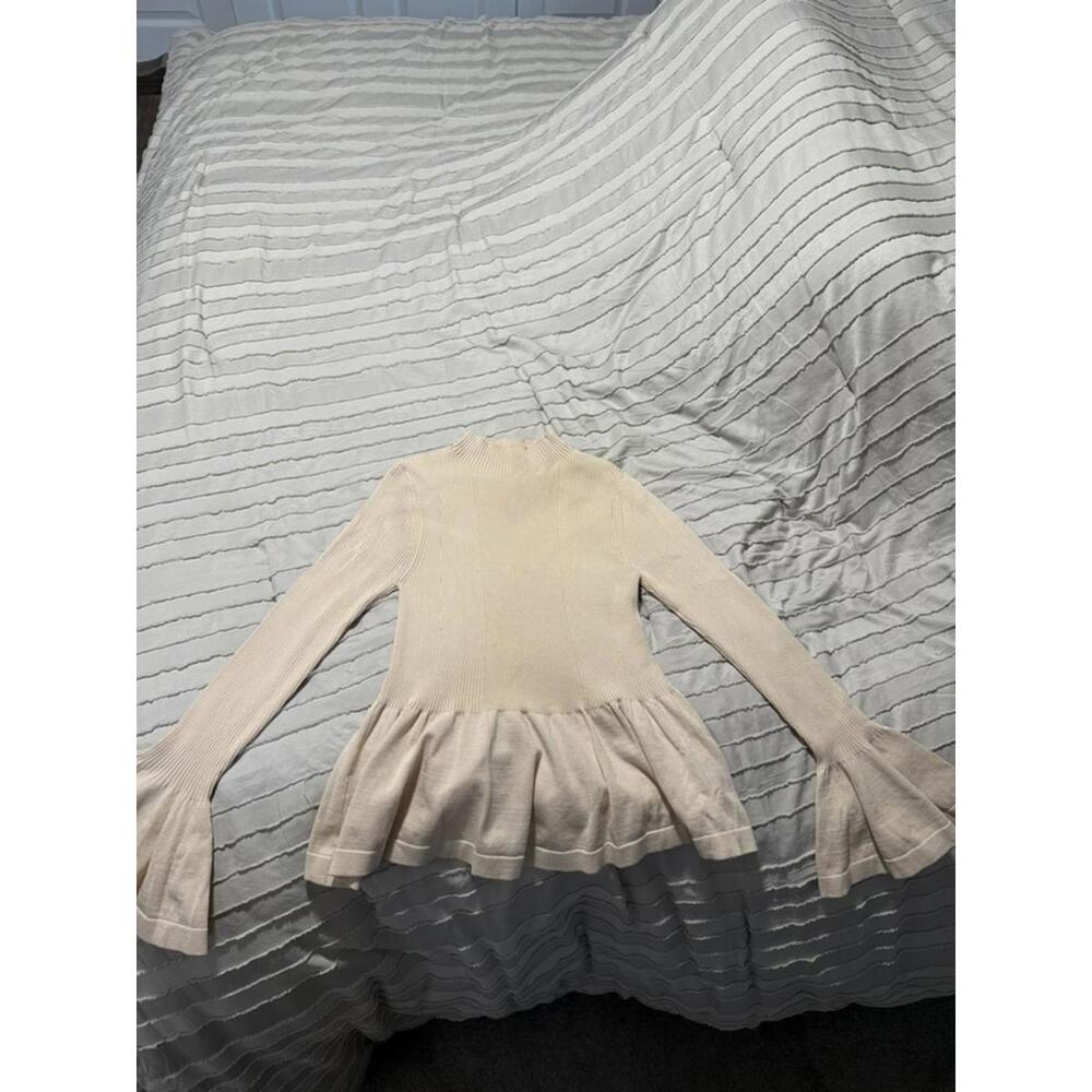 Beige Ribbed Knit Sweater with Flared Peplum Hem